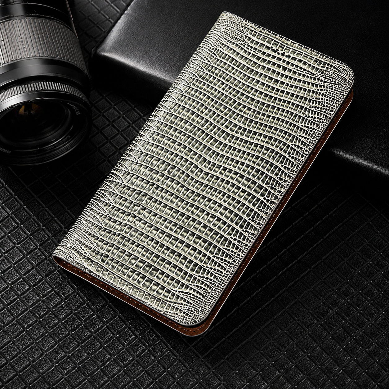 Premium iPhone Case Genuine Lizard Leather Flip Wallet Cover Magnetic Closure Kickstand Card Holder Shockproof Full Body Protection Design