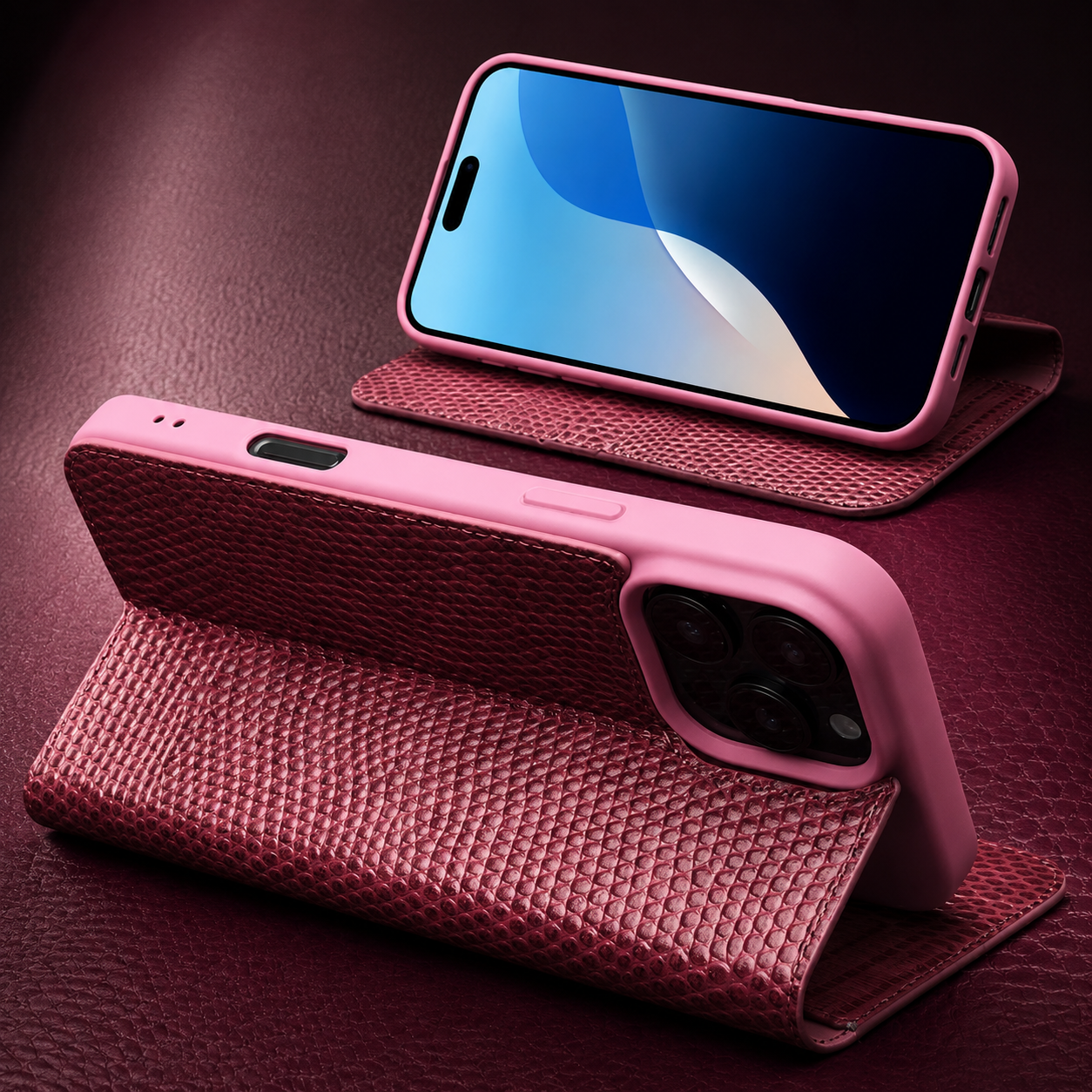 Premium iPhone Case Genuine Lizard Leather Flip Wallet Cover Magnetic Closure Kickstand Card Holder Shockproof Full Body Protection Design