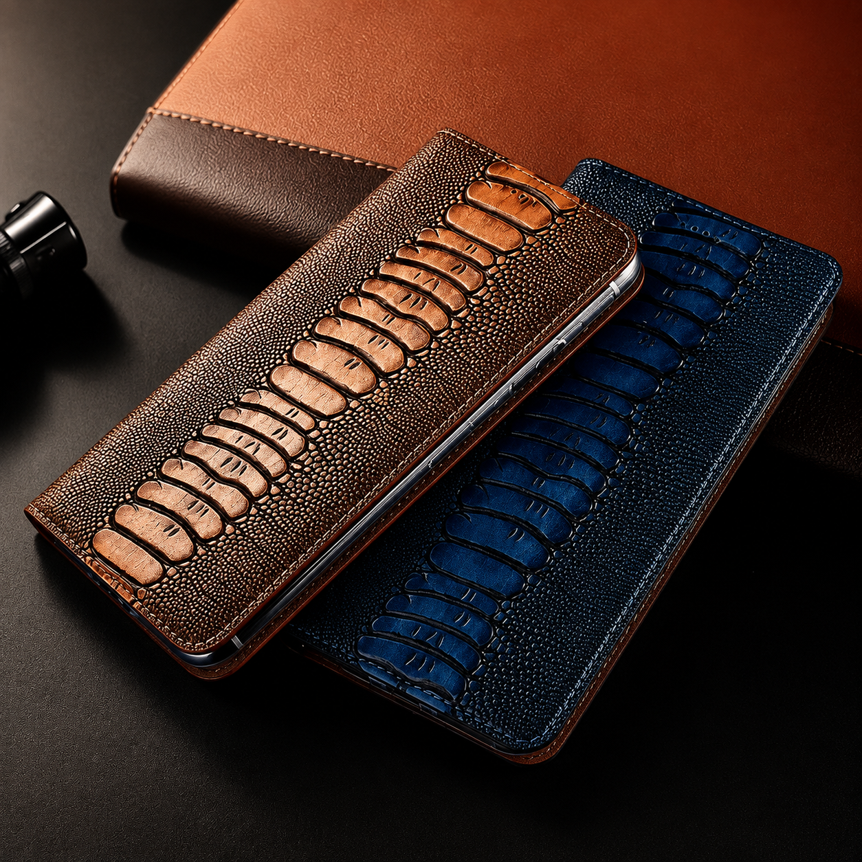 Premium iPhone Case Genuine Ostrich Leather Wallet Cover Camera Lens Protection Magnetic Card Holder Kickstand Anti Scratch Full Coverage