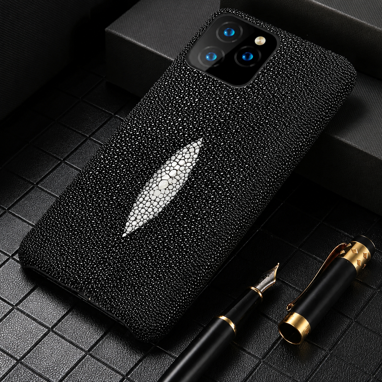 Premium iPhone Case Genuine Stingray Leather Shockproof Cover Camera Lens Protection Anti Fingerprint Dustproof Lightweight Half Wrapped Protective Design