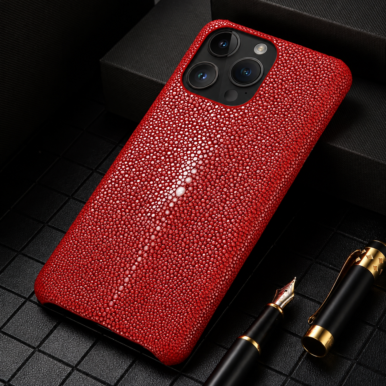 Premium iPhone Case Genuine Stingray Leather Shockproof Cover Camera Lens Protection Anti Fingerprint Dustproof Lightweight Half Wrapped Protective Design