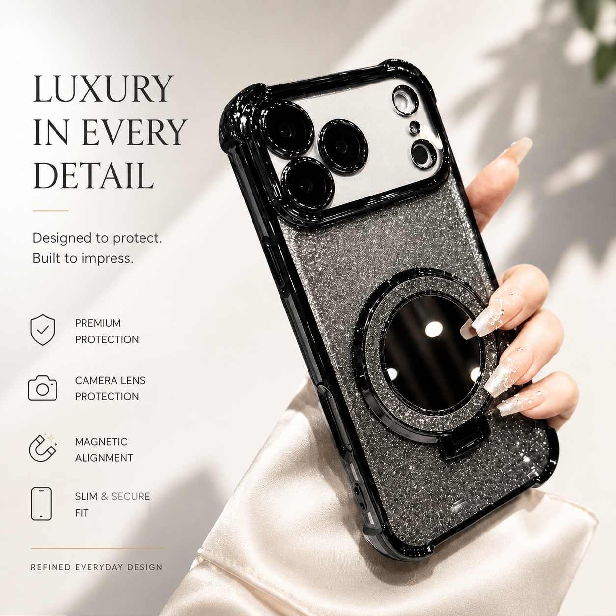 Premium iPhone Case Glitter Mirror Magnetic Bracket Protective Cover Shockproof Silicone Anti Scratch Non Slip Kickstand Lightweight Full Coverage Design