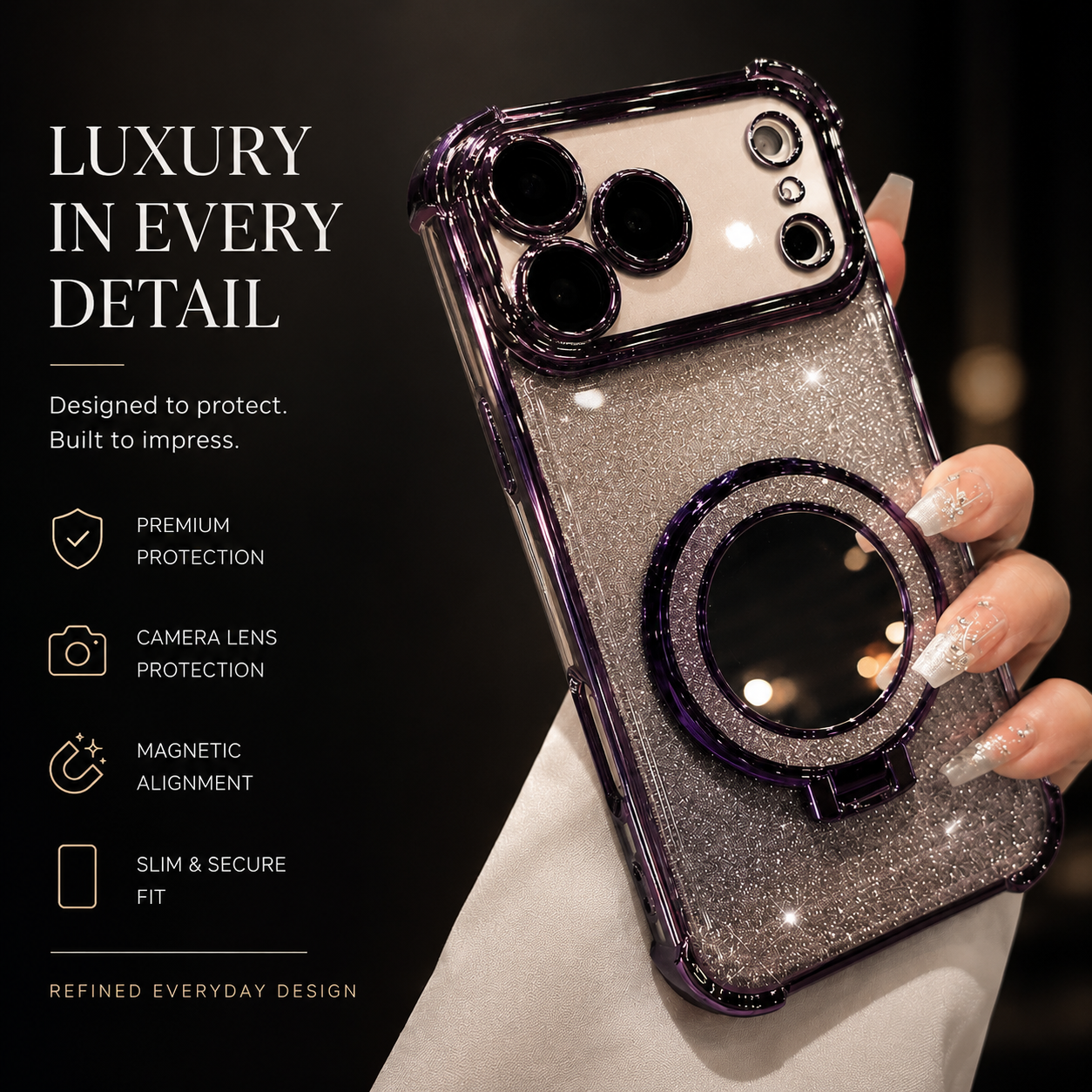 Premium iPhone Case Glitter Mirror Magnetic Bracket Protective Cover Shockproof Silicone Anti Scratch Non Slip Kickstand Lightweight Full Coverage Design