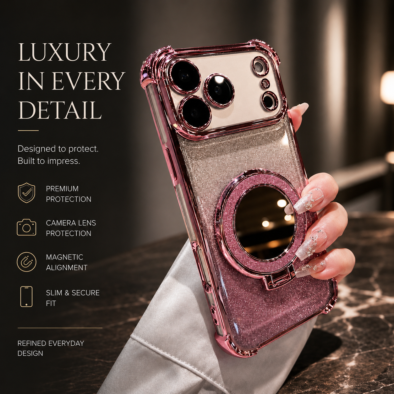 Premium iPhone Case Glitter Mirror Magnetic Bracket Protective Cover Shockproof Silicone Anti Scratch Non Slip Kickstand Lightweight Full Coverage Design