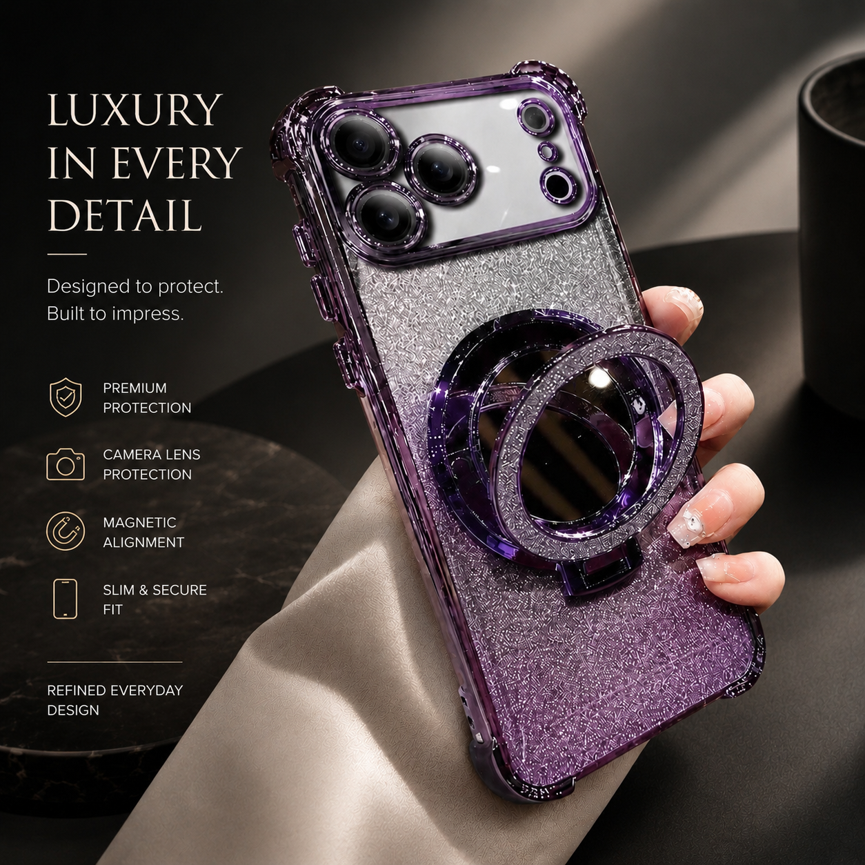 Premium iPhone Case Glitter Mirror Magnetic Bracket Protective Cover Shockproof Silicone Anti Scratch Non Slip Kickstand Lightweight Full Coverage Design