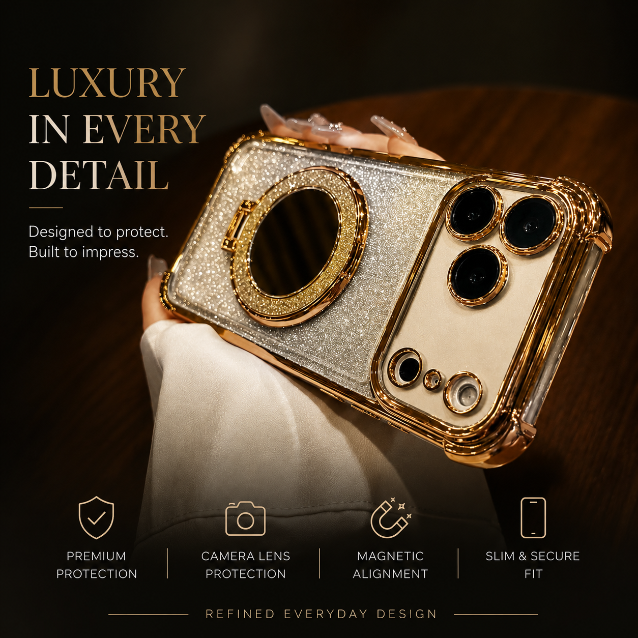 Premium iPhone Case Glitter Mirror Magnetic Bracket Protective Cover Shockproof Silicone Anti Scratch Non Slip Kickstand Lightweight Full Coverage Design