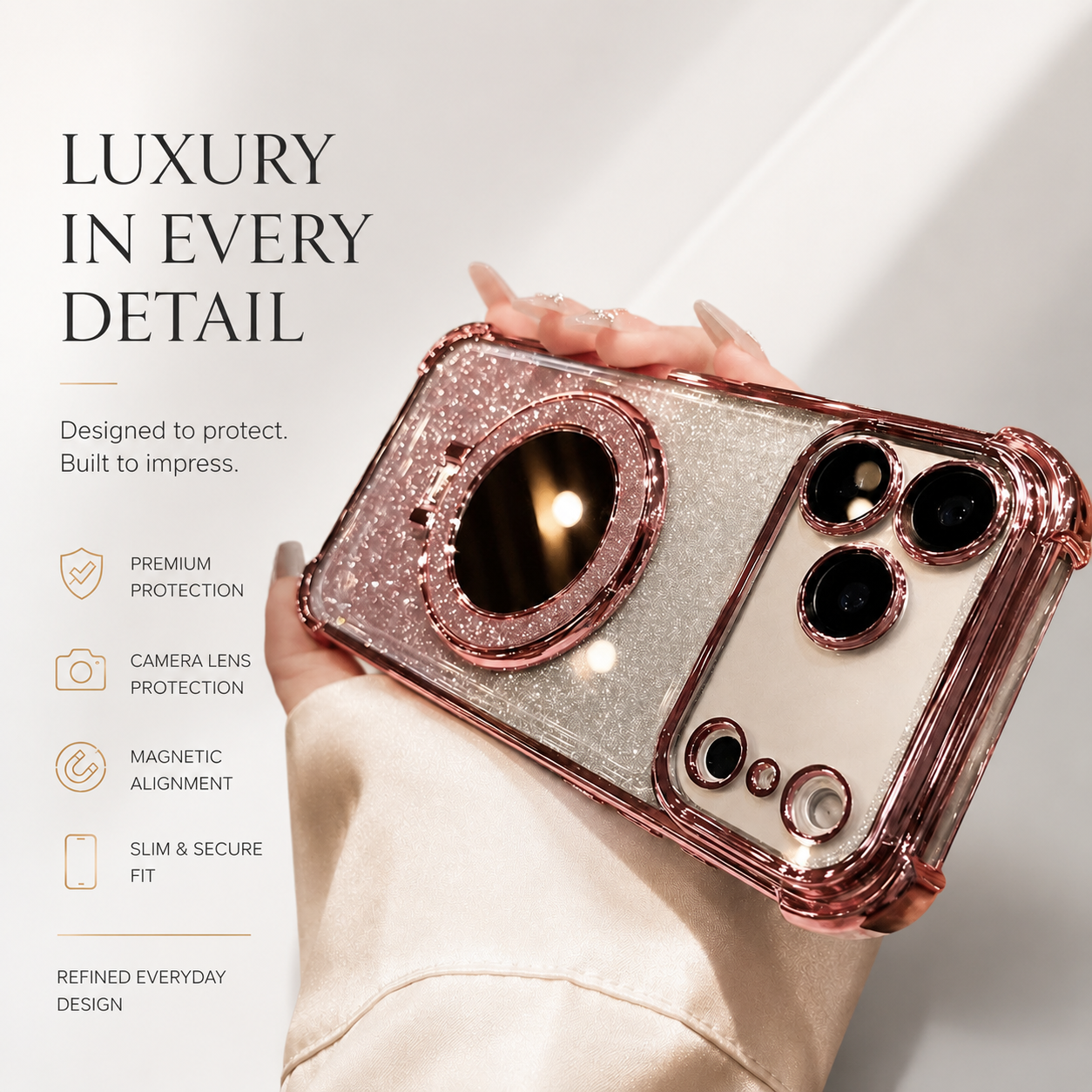 Premium iPhone Case Glitter Mirror Magnetic Bracket Protective Cover Shockproof Silicone Anti Scratch Non Slip Kickstand Lightweight Full Coverage Design