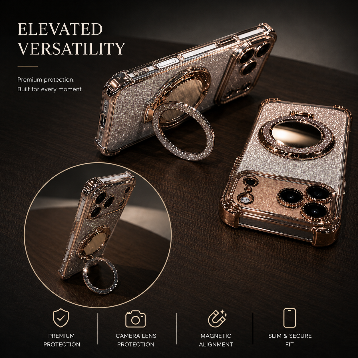 Premium iPhone Case Glitter Mirror Magnetic Bracket Protective Cover Shockproof Silicone Anti Scratch Non Slip Kickstand Lightweight Full Coverage Design