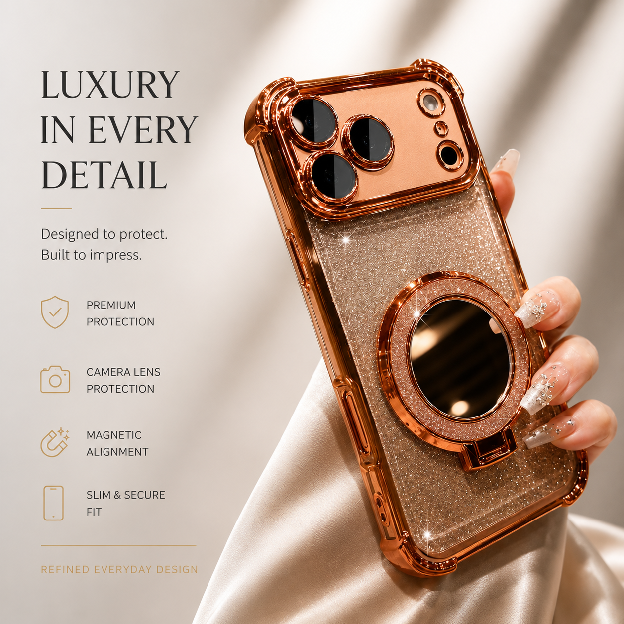 Premium iPhone Case Glitter Mirror Magnetic Bracket Protective Cover Shockproof Silicone Anti Scratch Non Slip Kickstand Lightweight Full Coverage Design