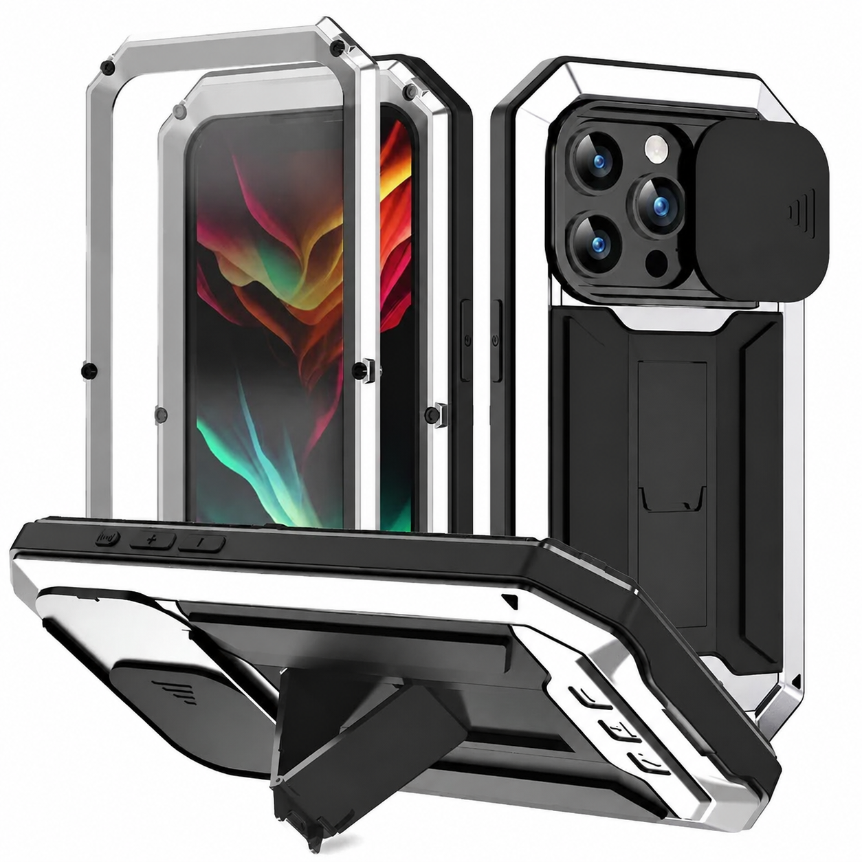 Premium iPhone Case Heavy Duty Aluminum Metal Full Body Protective Cover Tempered Glass Screen Protector Camera Lens Slider Shockproof Kickstand Wireless Charging Compatible