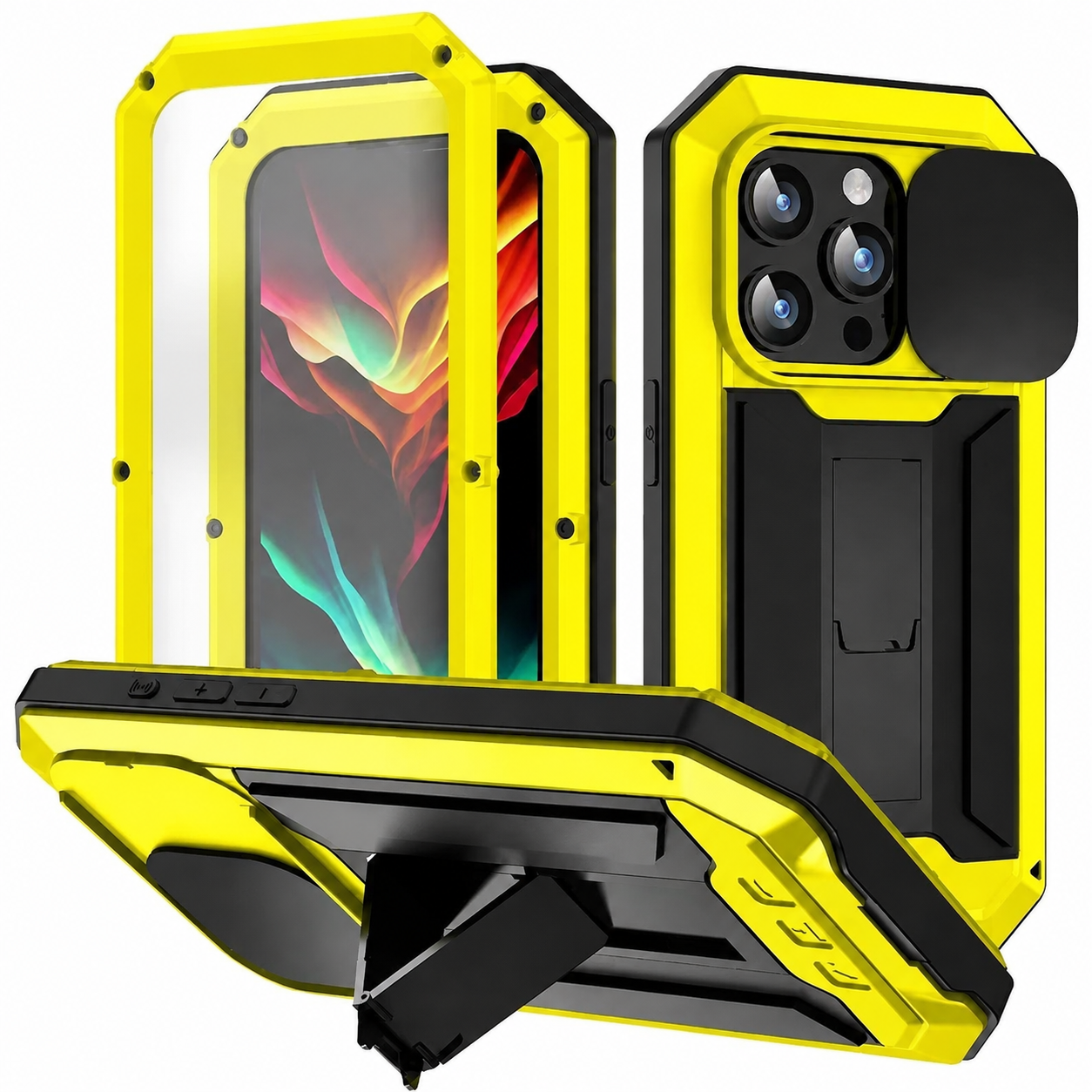 Premium iPhone Case Heavy Duty Aluminum Metal Full Body Protective Cover Tempered Glass Screen Protector Camera Lens Slider Shockproof Kickstand Wireless Charging Compatible