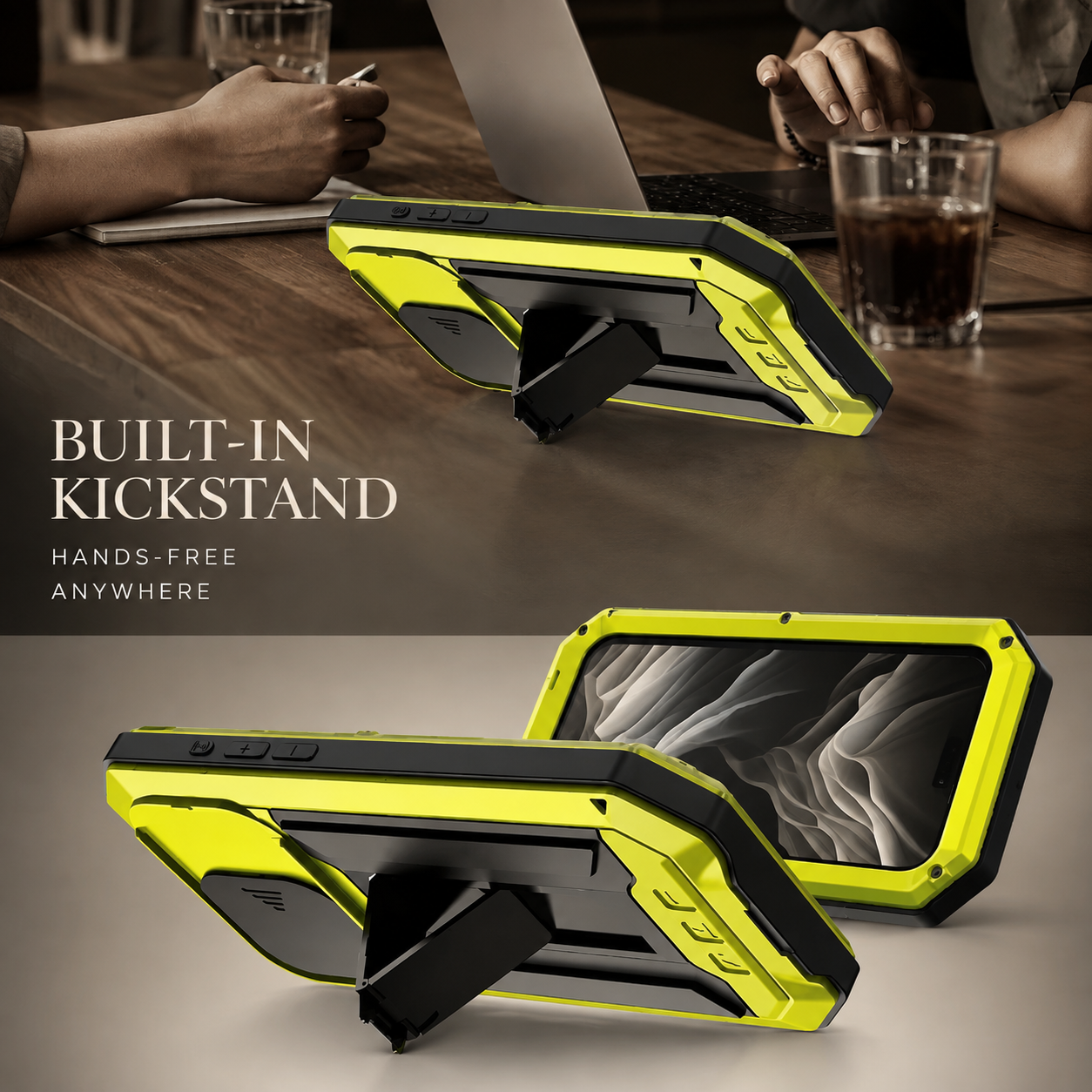 Premium iPhone Case Heavy Duty Aluminum Metal Full Body Protective Cover Tempered Glass Screen Protector Camera Lens Slider Shockproof Kickstand Wireless Charging Compatible