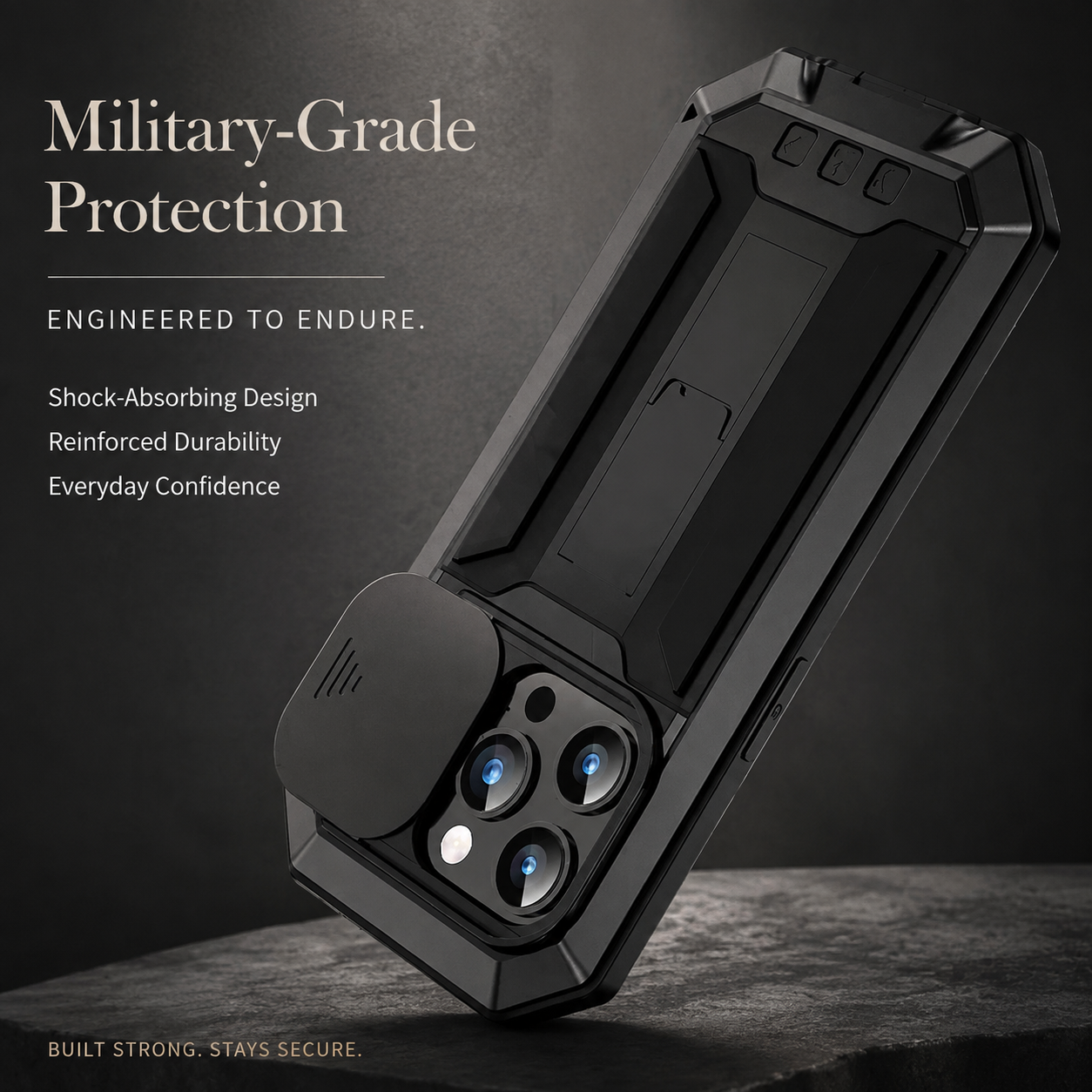 Premium iPhone Case Heavy Duty Aluminum Metal Full Body Protective Cover Tempered Glass Screen Protector Camera Lens Slider Shockproof Kickstand Wireless Charging Compatible