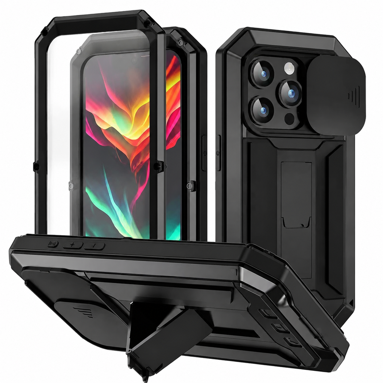 Premium iPhone Case Heavy Duty Aluminum Metal Full Body Protective Cover Tempered Glass Screen Protector Camera Lens Slider Shockproof Kickstand Wireless Charging Compatible