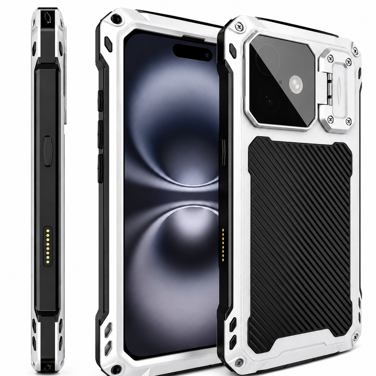 Premium iPhone Case Heavy Duty Metal MagSafe Compatible Protective Cover Military Grade Shockproof Aluminum Bumper Camera Guard Kickstand Anti Scratch Full Coverage