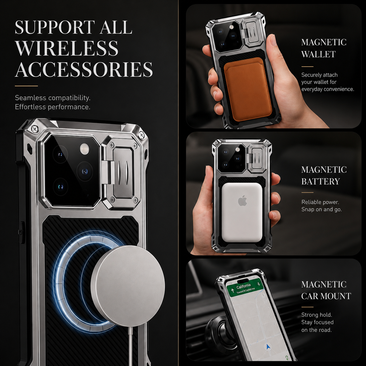 Premium iPhone Case Heavy Duty Metal MagSafe Compatible Protective Cover Military Grade Shockproof Aluminum Bumper Camera Guard Kickstand Anti Scratch Full Coverage