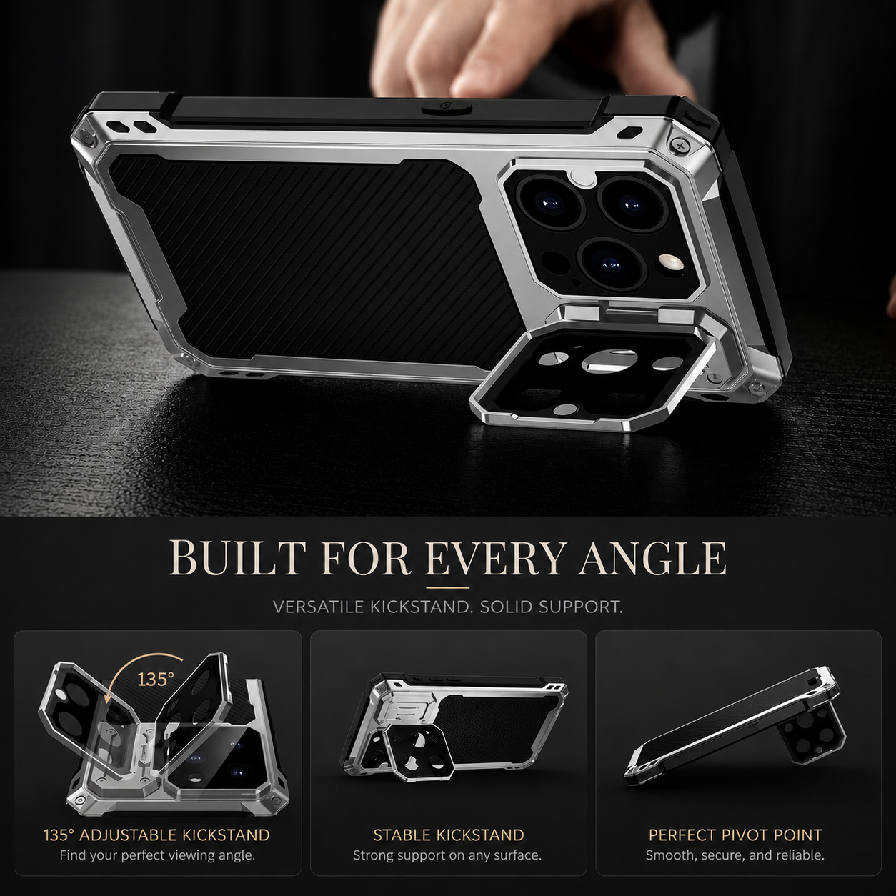 Premium iPhone Case Heavy Duty Metal MagSafe Compatible Protective Cover Military Grade Shockproof Aluminum Bumper Camera Guard Kickstand Anti Scratch Full Coverage