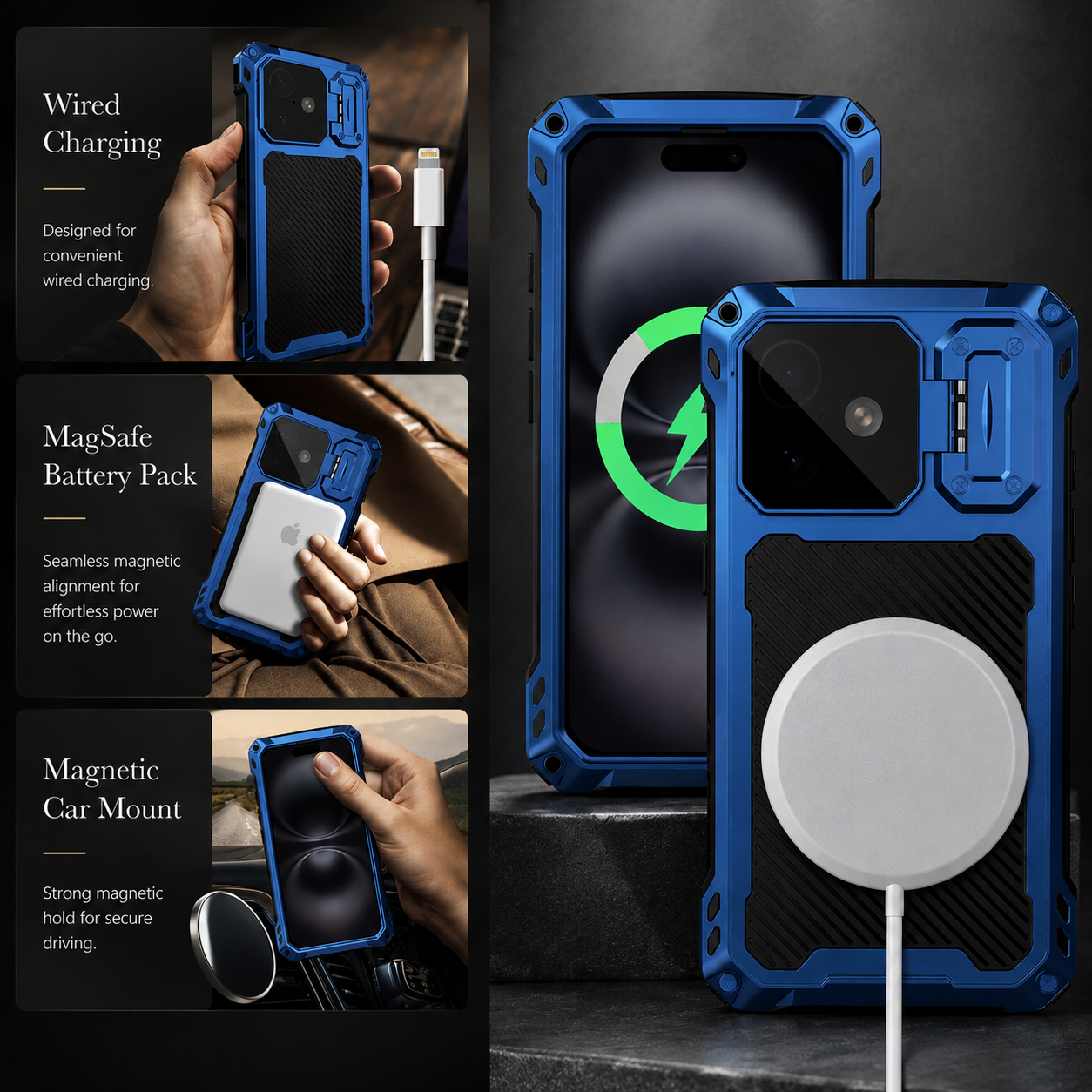 Premium iPhone Case Heavy Duty Metal MagSafe Compatible Protective Cover Military Grade Shockproof Aluminum Bumper Camera Guard Kickstand Anti Scratch Full Coverage