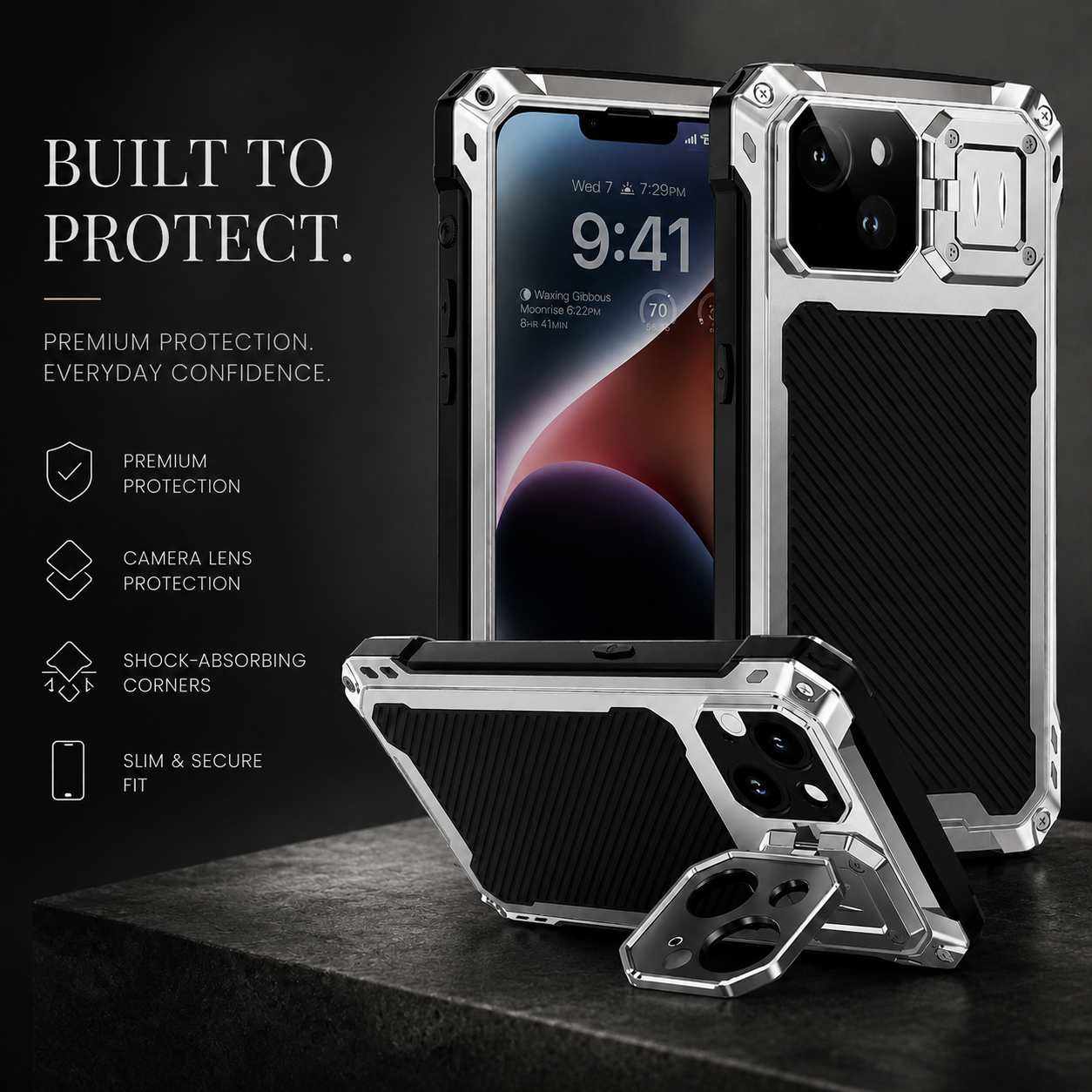 Premium iPhone Case Heavy Duty Metal MagSafe Compatible Protective Cover Military Grade Shockproof Aluminum Bumper Camera Guard Kickstand Anti Scratch Full Coverage