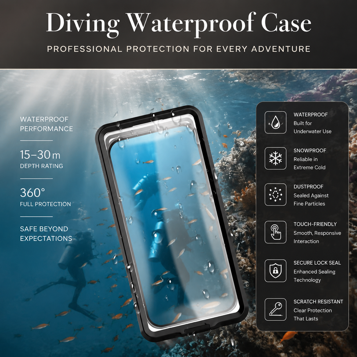 Premium iPhone Case IP68 Waterproof Full Body Protective Cover Shockproof Vacuum Seal Touchscreen Access Dustproof Underwater Protection