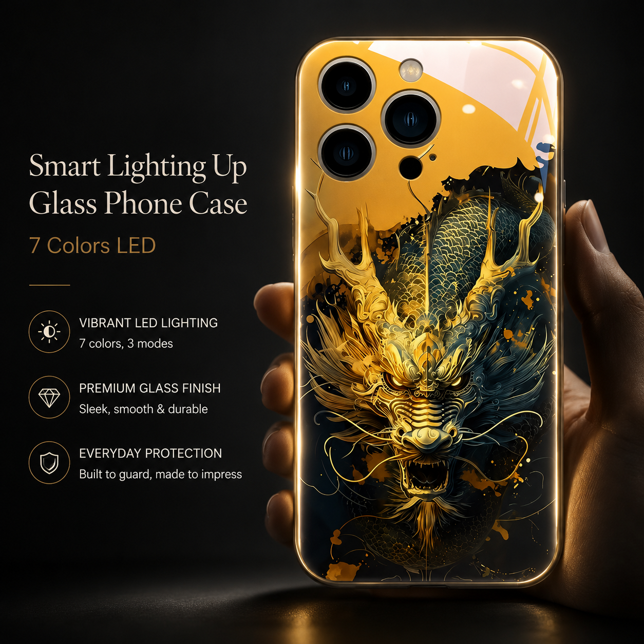 Premium iPhone Case LED Flash Sound Reactive Golden Dragon Luminous Glass Cover Shockproof Ultra Thin Full Body Protection Design