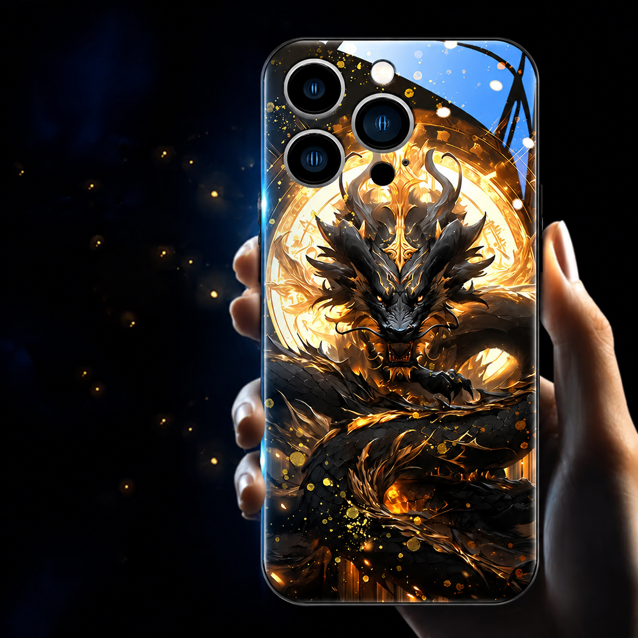 Premium iPhone Case LED Flash Sound Reactive Golden Dragon Luminous Glass Cover Shockproof Ultra Thin Full Body Protection Design