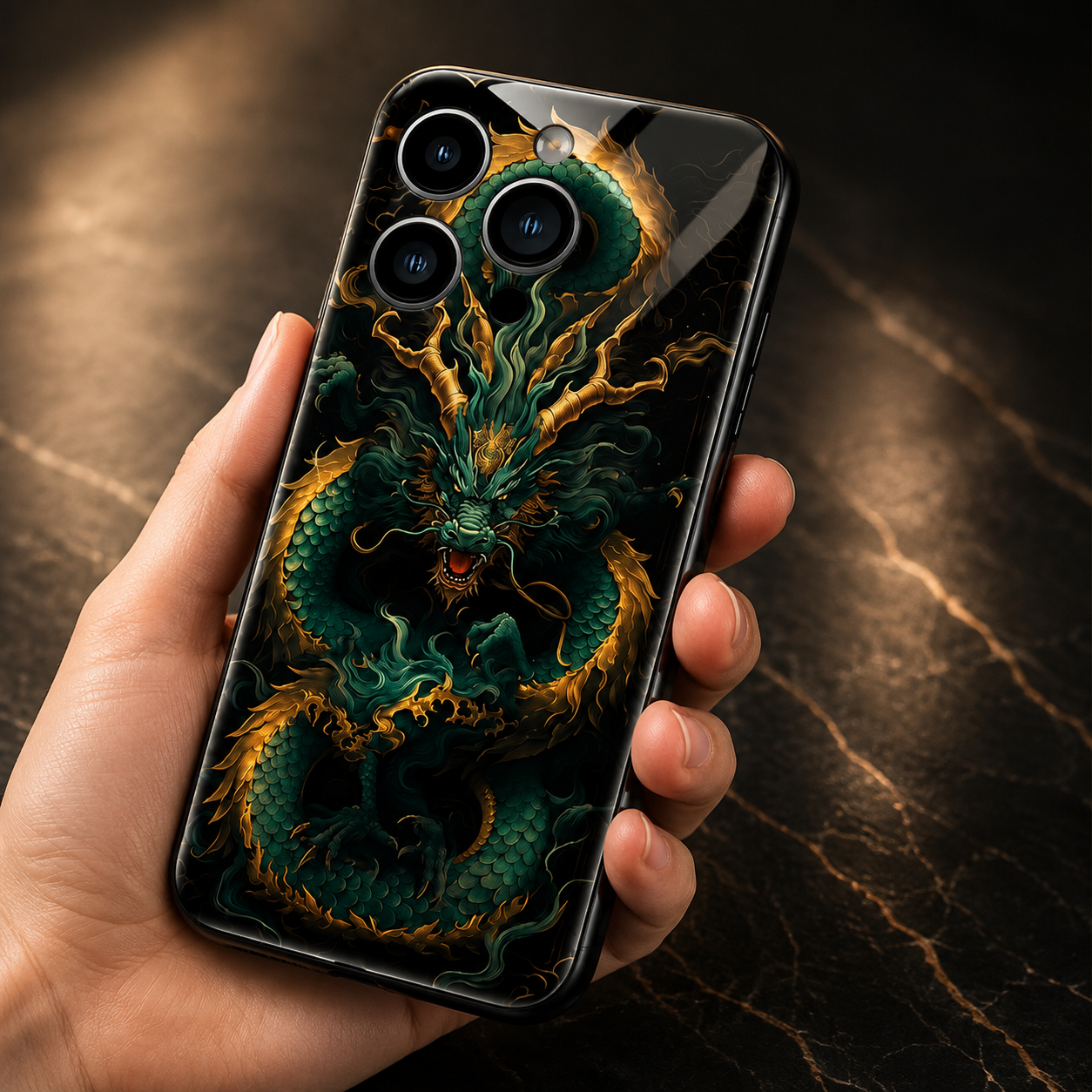Premium iPhone Case LED Flash Sound Reactive Golden Dragon Luminous Glass Cover Shockproof Ultra Thin Full Body Protection Design