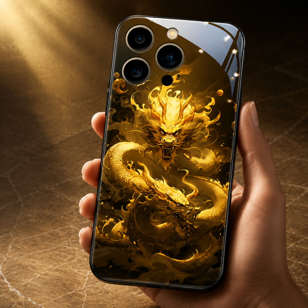 Premium iPhone Case LED Flash Sound Reactive Golden Dragon Luminous Glass Cover Shockproof Ultra Thin Full Body Protection Design