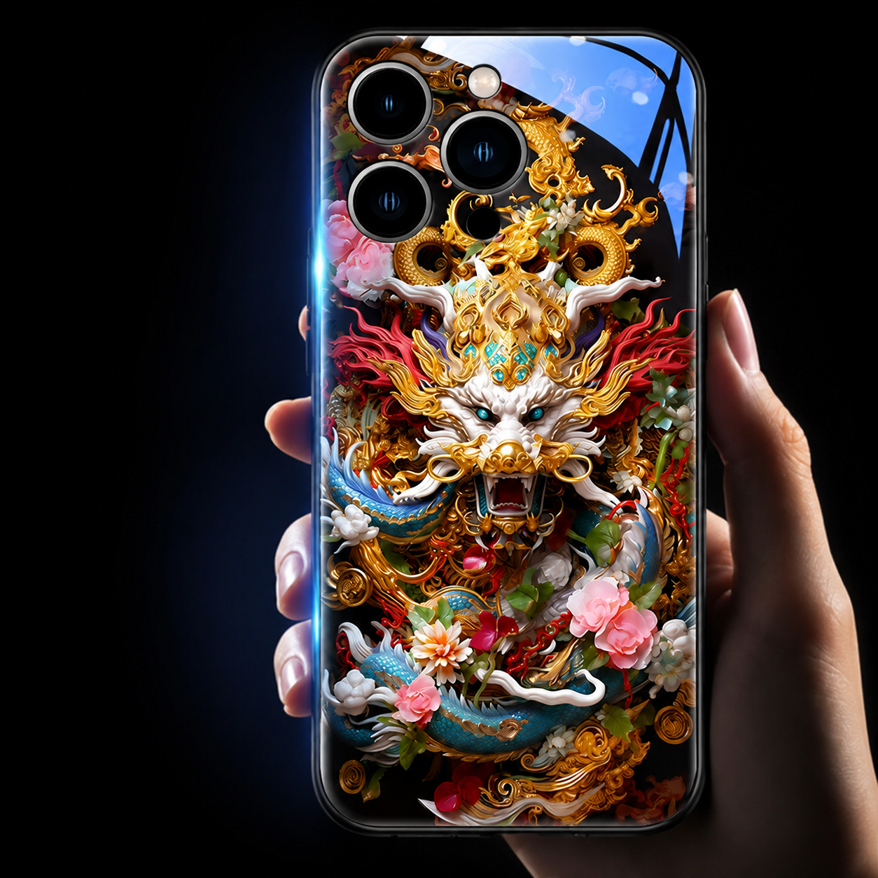Premium iPhone Case LED Flash Sound Reactive Golden Dragon Luminous Glass Cover Shockproof Ultra Thin Full Body Protection Design