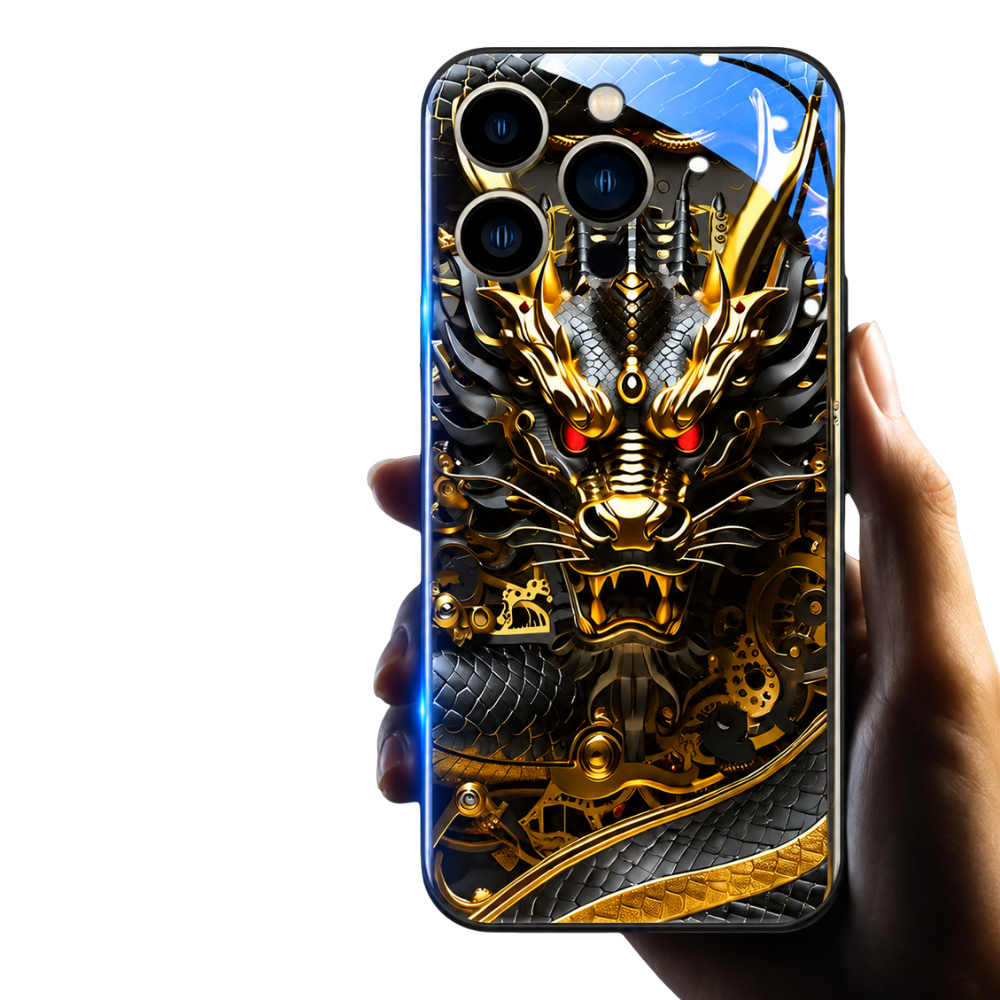 Premium iPhone Case LED Flash Sound Reactive Golden Dragon Luminous Glass Cover Shockproof Ultra Thin Full Body Protection Design