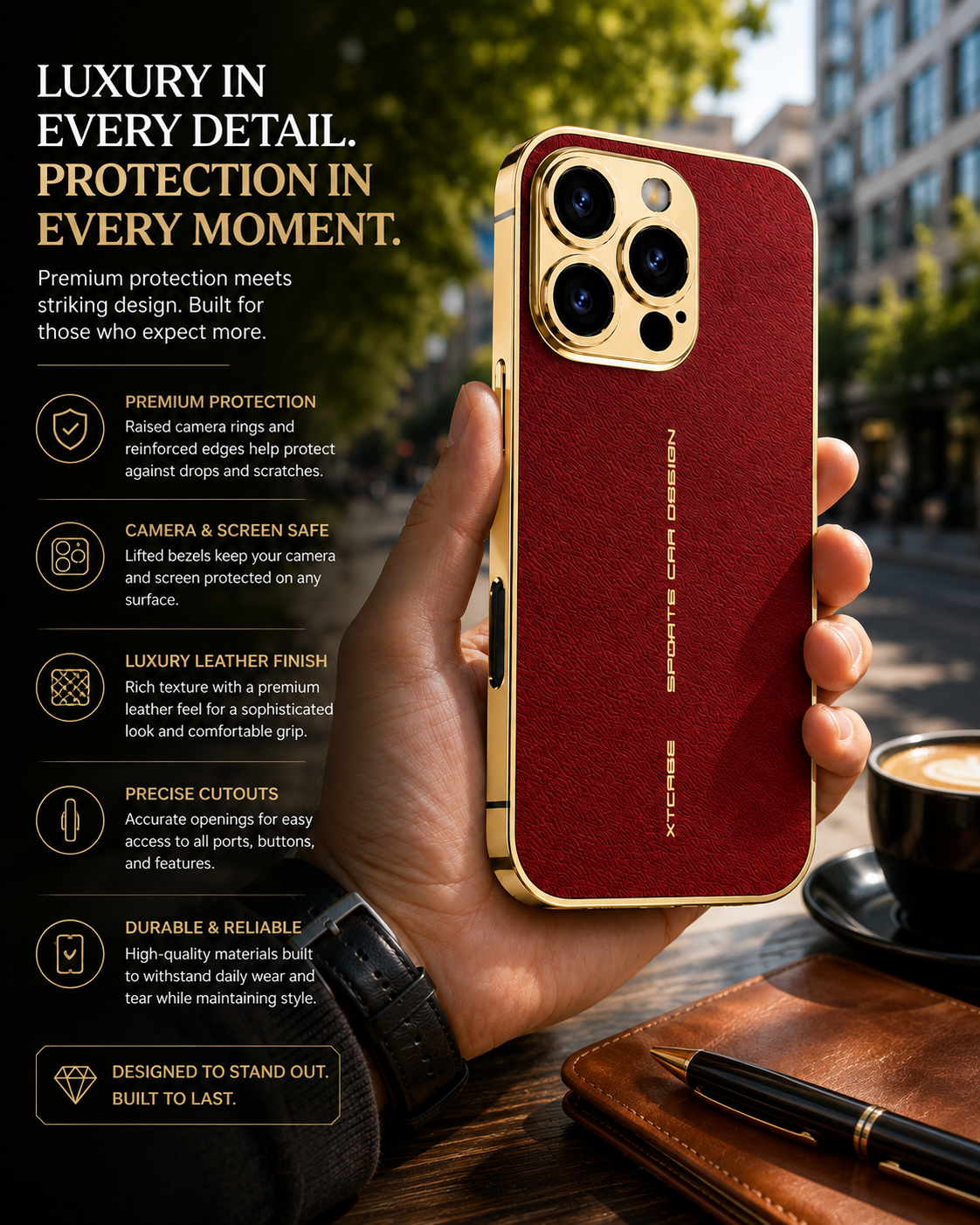 Premium iPhone Case Leather Back Cover Full Lens Protection Shockproof Anti Fingerprint Scratch Resistant Slim PC Design Protective Style