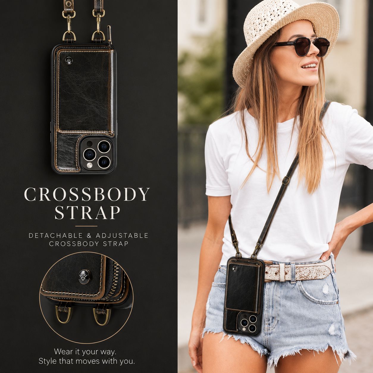 Premium iPhone Case Leather Crossbody Wallet Cover Card Holder Stand Function Lanyard Strap Shockproof Protective Magnetic Closure Full Coverage Design