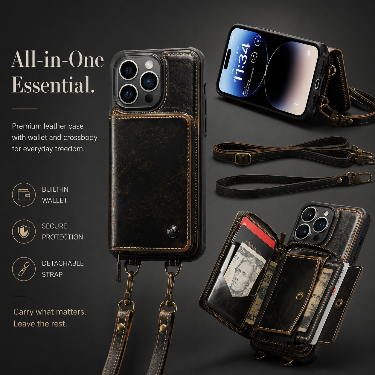Premium iPhone Case Leather Crossbody Wallet Cover Card Holder Stand Function Lanyard Strap Shockproof Protective Magnetic Closure Full Coverage Design
