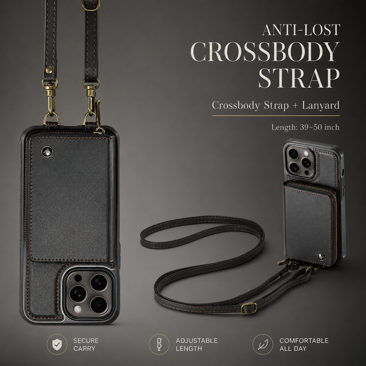 Premium iPhone Case Leather Crossbody Wallet Cover Card Holder Stand Function Lanyard Strap Shockproof Protective Magnetic Closure Full Coverage Design