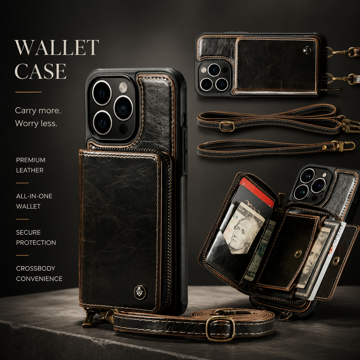 Premium iPhone Case Leather Crossbody Wallet Cover Card Holder Stand Function Lanyard Strap Shockproof Protective Magnetic Closure Full Coverage Design
