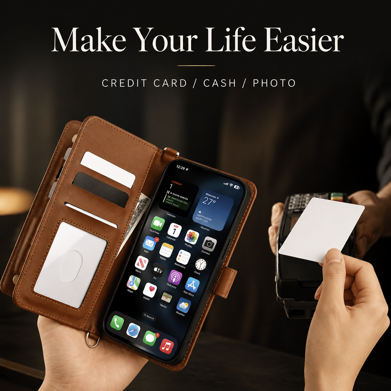 Premium iPhone Case Leather Flip Wallet Cover Card Holder Shockproof Protective Cover Magnetic Closure Kickstand Full Body Protection Design
