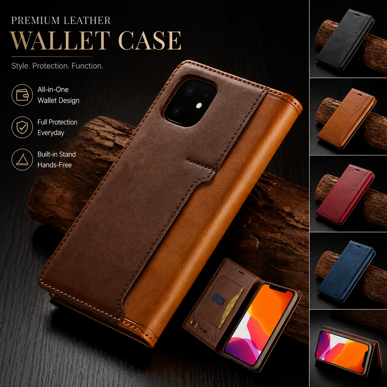 Premium iPhone Case Leather Flip Wallet Cover MagSafe Compatible PU Leather Card Holder SIM Slot Magnetic Closure Shockproof Protective Design