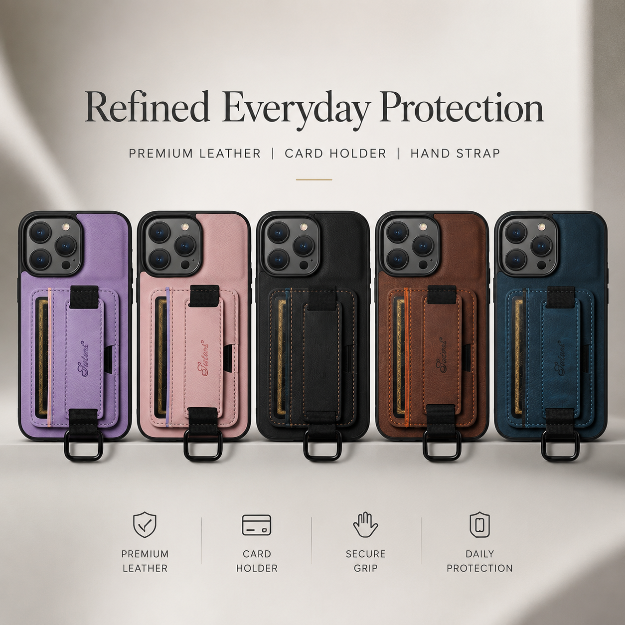 Premium iPhone Case Leather Wallet Cover PU Leather Card Holder Wrist Ring Magnetic Closure Shockproof Protective Slim Design