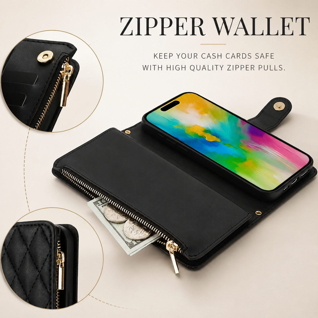 Premium iPhone Case Leather Wallet Flip Cover 6 Card Slots Zipper Pocket Magnetic Protective Case Shockproof Kickstand Chain Strap Full Coverage