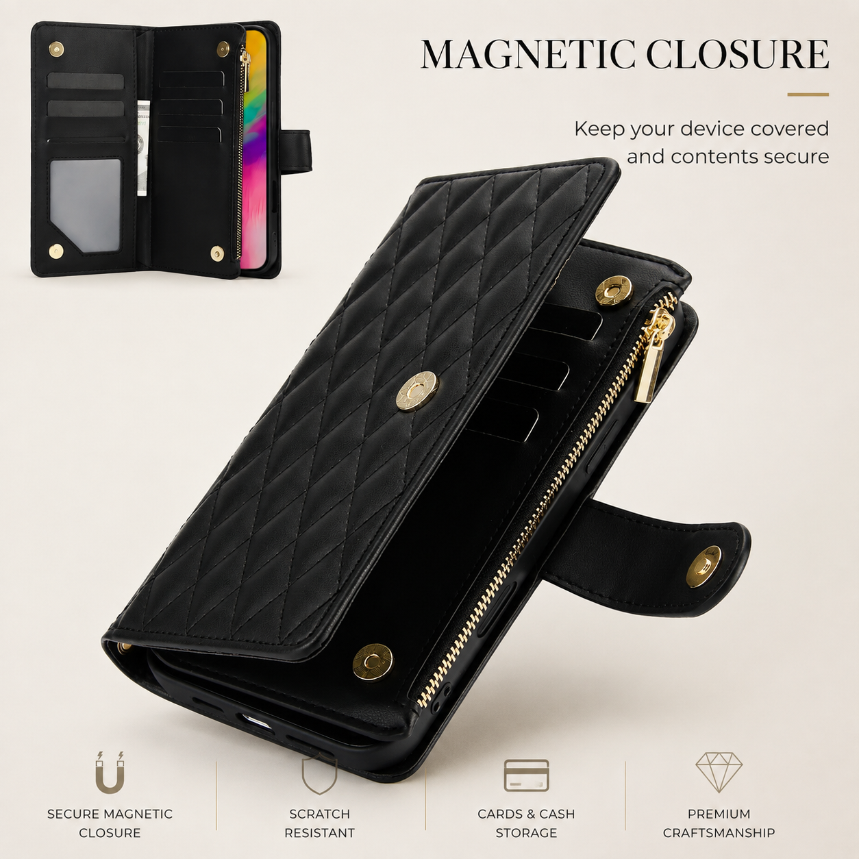 Premium iPhone Case Leather Wallet Flip Cover 6 Card Slots Zipper Pocket Magnetic Protective Case Shockproof Kickstand Chain Strap Full Coverage