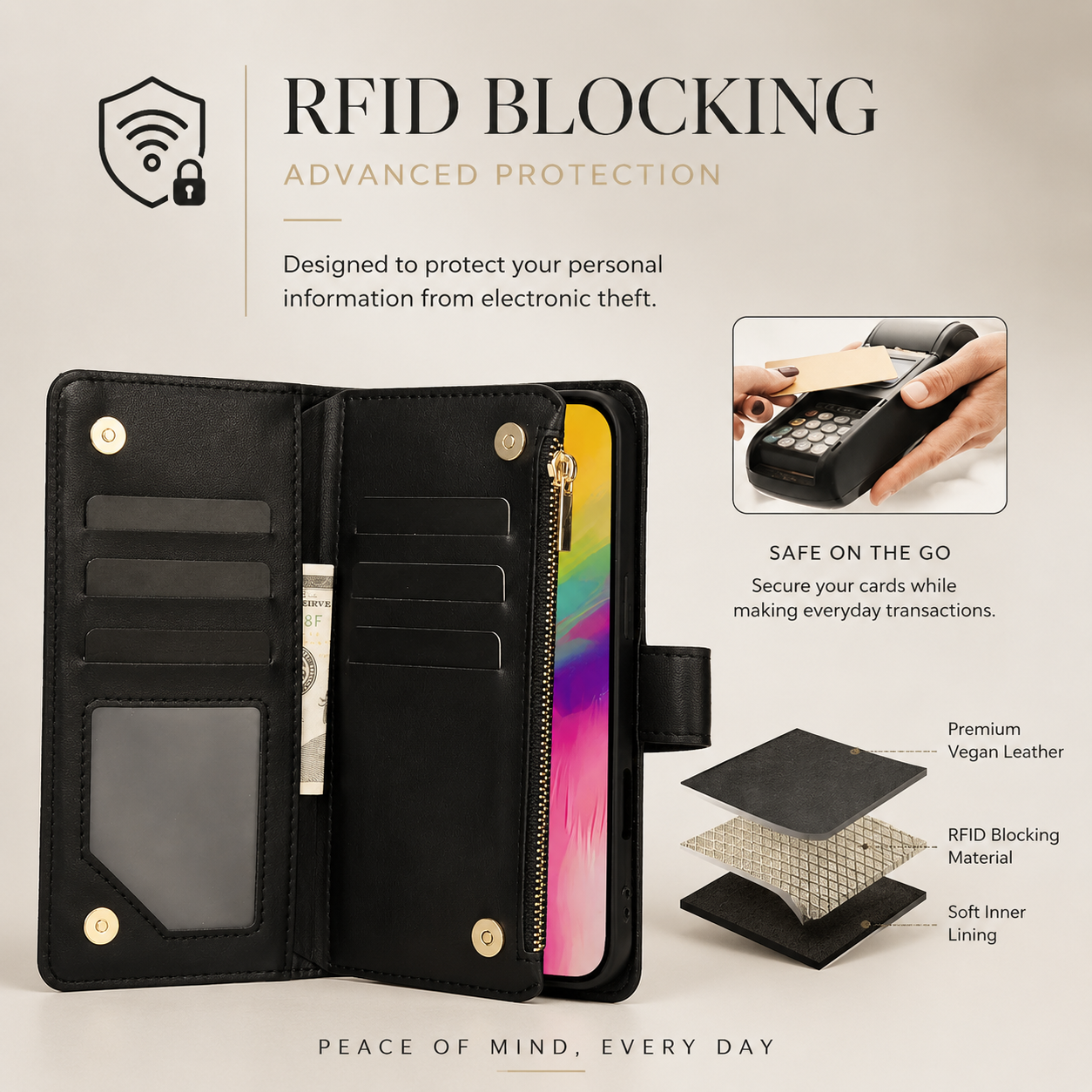 Premium iPhone Case Leather Wallet Flip Cover 6 Card Slots Zipper Pocket Magnetic Protective Case Shockproof Kickstand Chain Strap Full Coverage