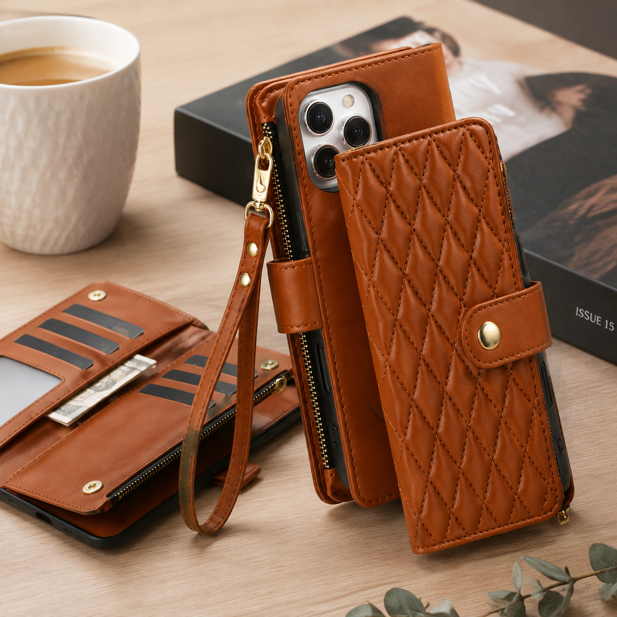 Premium iPhone Case Leather Wallet Flip Cover 6 Card Slots Zipper Pocket Magnetic Protective Case Shockproof Kickstand Chain Strap Full Coverage
