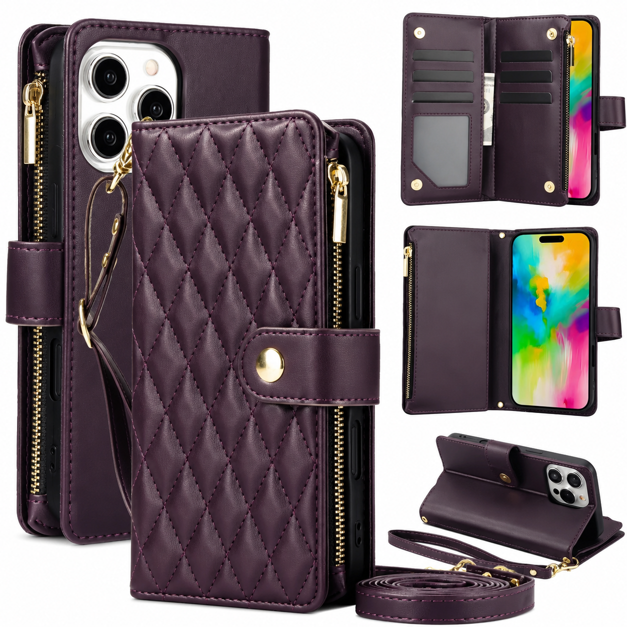 Premium iPhone Case Leather Wallet Flip Cover 6 Card Slots Zipper Pocket Magnetic Protective Case Shockproof Kickstand Chain Strap Full Coverage