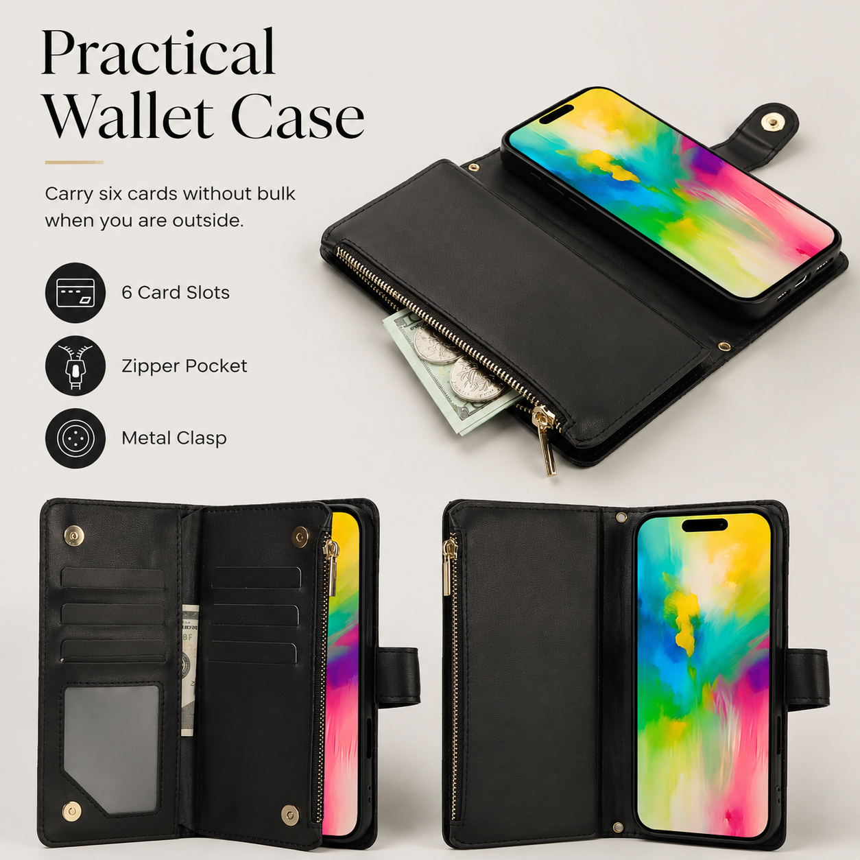 Premium iPhone Case Leather Wallet Flip Cover 6 Card Slots Zipper Pocket Magnetic Protective Case Shockproof Kickstand Chain Strap Full Coverage
