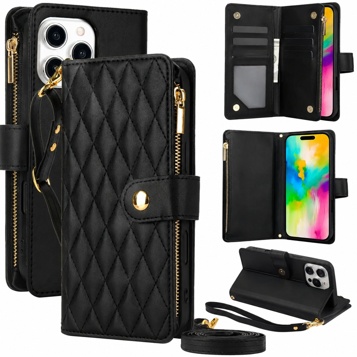 Premium iPhone Case Leather Wallet Flip Cover 6 Card Slots Zipper Pocket Magnetic Protective Case Shockproof Kickstand Chain Strap Full Coverage