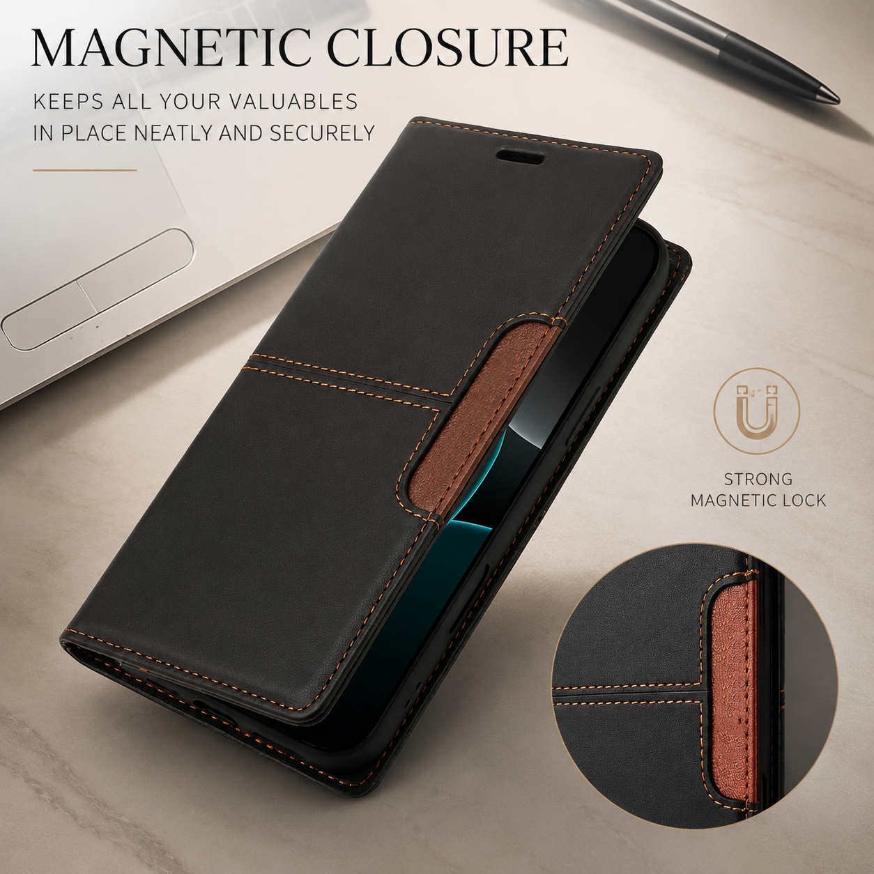 Premium iPhone Case Leather Wallet Flip Cover RFID Card Holder Magnetic Protective Case Shockproof Kickstand Anti Fingerprint Full Coverage