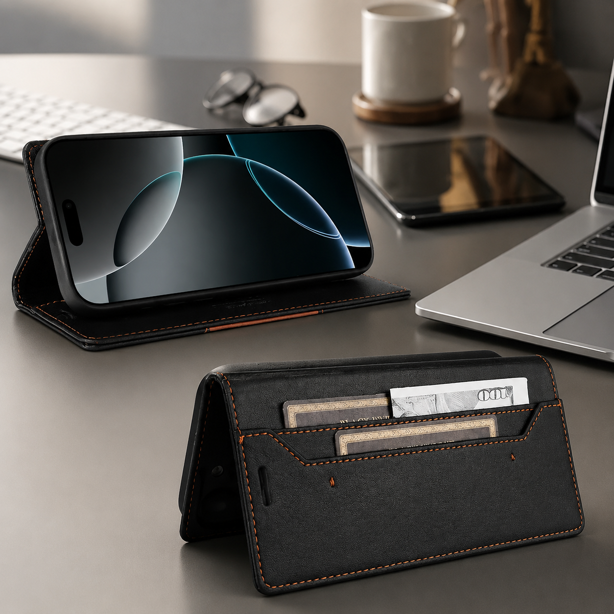 Premium iPhone Case Leather Wallet Flip Cover RFID Card Holder Magnetic Protective Case Shockproof Kickstand Anti Fingerprint Full Coverage