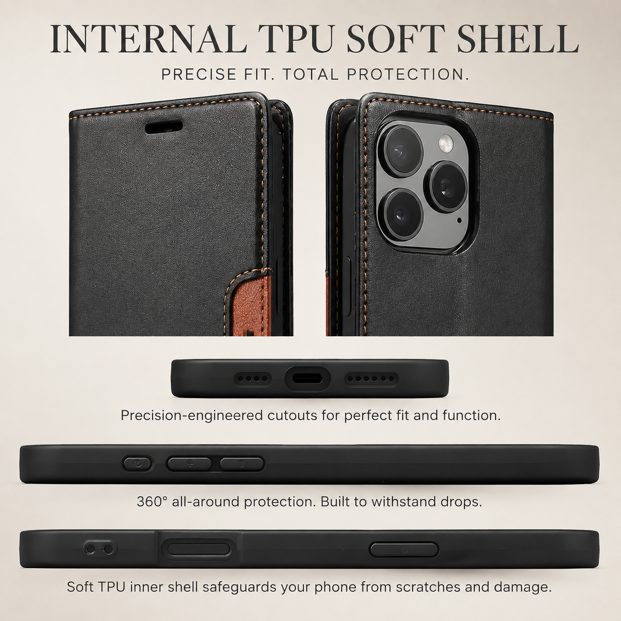 Premium iPhone Case Leather Wallet Flip Cover RFID Card Holder Magnetic Protective Case Shockproof Kickstand Anti Fingerprint Full Coverage