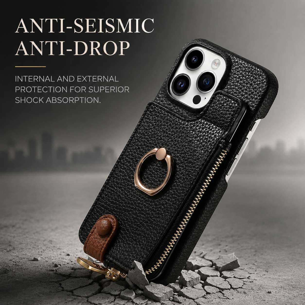 Premium iPhone Case Leather Zipper Wallet Cover Card Holder Ring Kickstand Magnetic Closure Shockproof Anti Fingerprint Protective Design