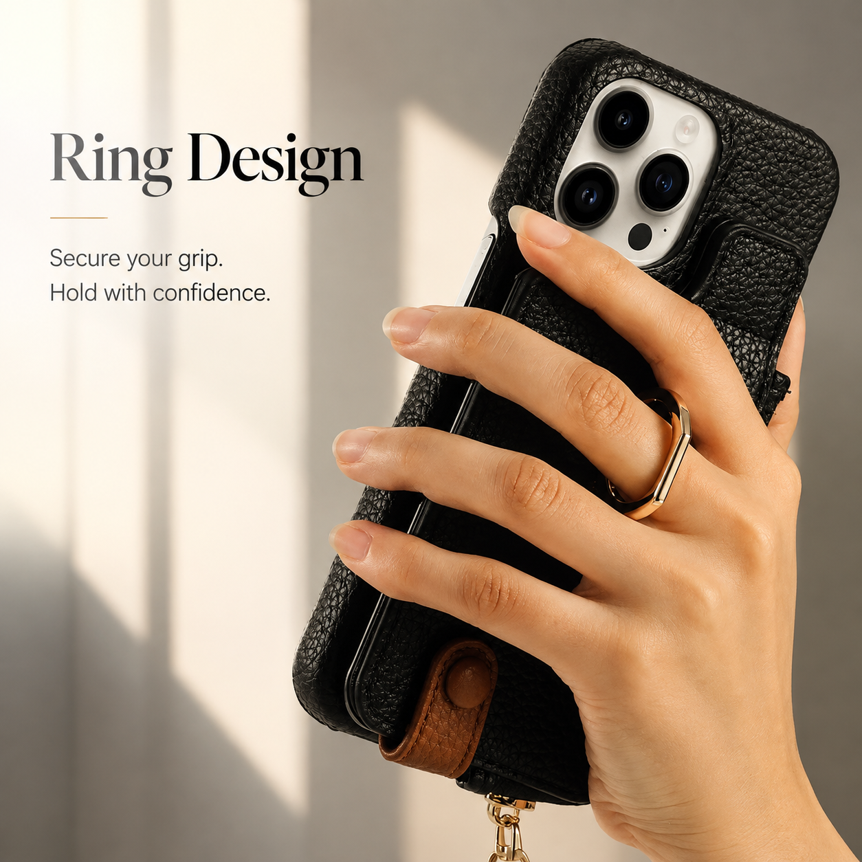 Premium iPhone Case Leather Zipper Wallet Cover Card Holder Ring Kickstand Magnetic Closure Shockproof Anti Fingerprint Protective Design